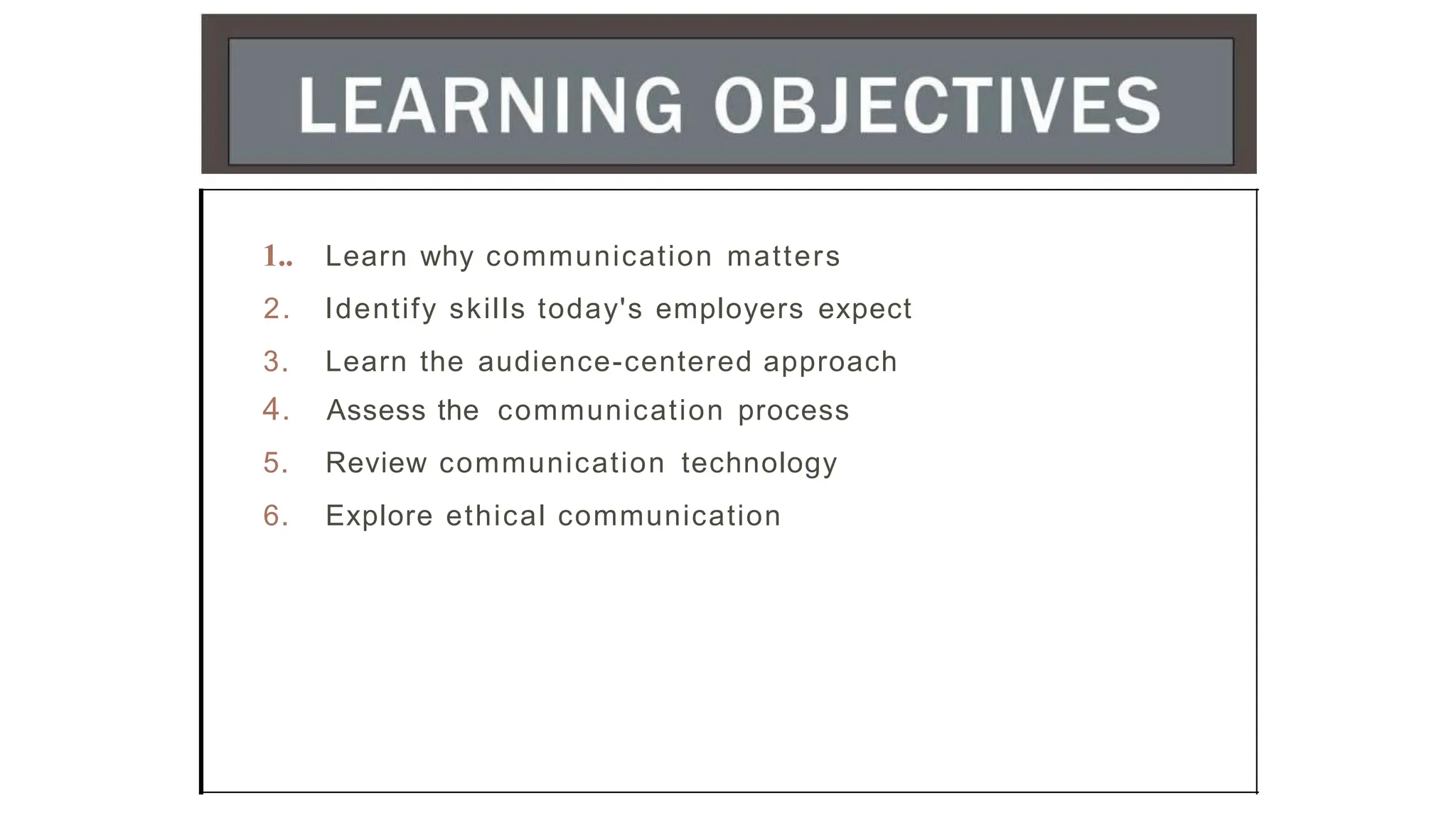 1.. Learn why communication matters
2. Identify skills today's employers expect
3. Learn the audience-centered approach
4. Assess the communication process
5. Review communication technology
6. Explore ethical communication
 