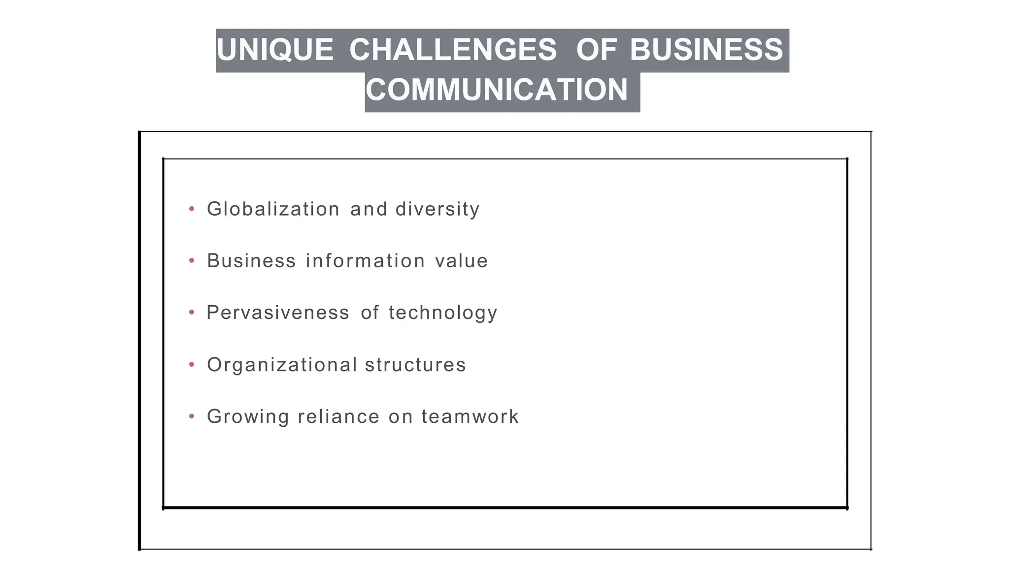 UNIQUE CHALLENGES OF BUSINESS
COMMUNICATION
• Globalization and diversity
• Business information value
• Pervasiveness of technology
• Organizational structures
• Growing reliance on teamwork
 