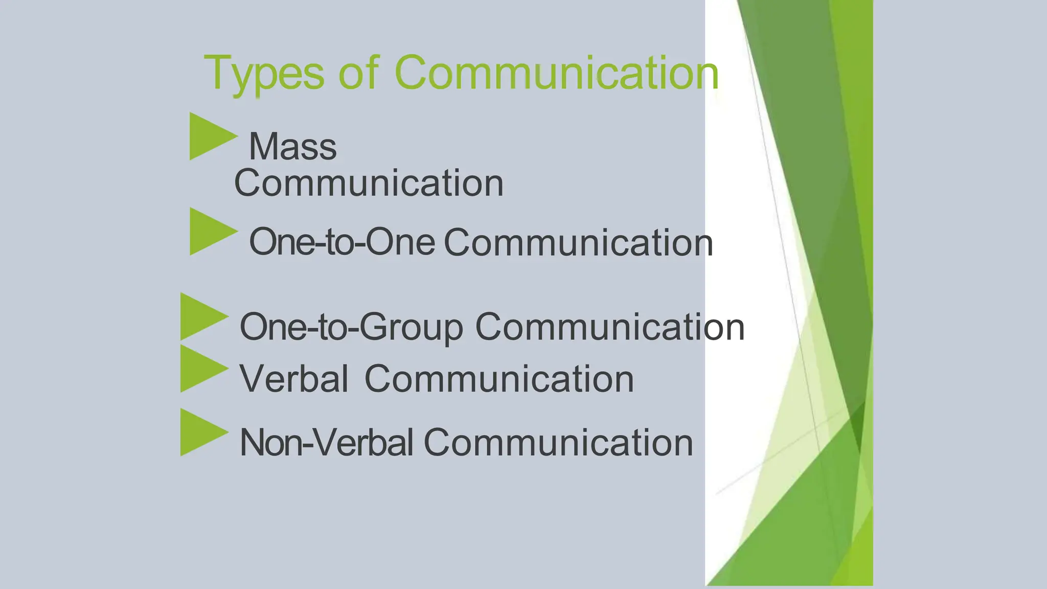 Types of Communication
►Mass
Communication
►One-to-One Communication
►One-to-Group Communication
►Verbal Communication
►Non-Verbal Communication
 
