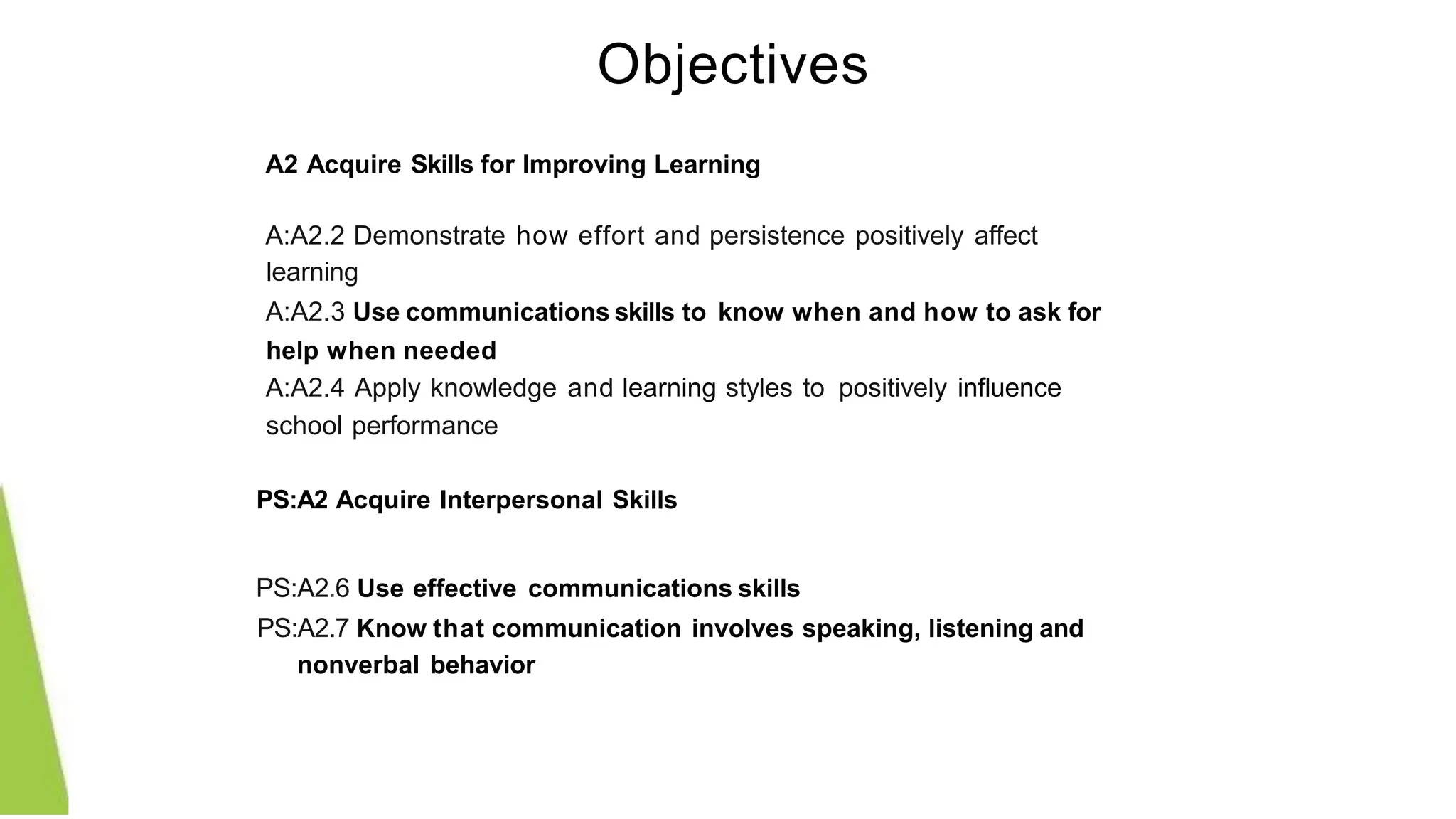 Objectives
A2 Acquire Skills for Improving Learning
A:A2.2 Demonstrate how effort and persistence positively affect
learning
A:A2.3 Use communications skills to know when and how to ask for
help when needed
A:A2.4 Apply knowledge and learning styles to positively influence
school performance
PS:A2 Acquire Interpersonal Skills
PS:A2.6 Use effective communications skills
PS:A2.7 Know that communication involves speaking, listening and
nonverbal behavior
 