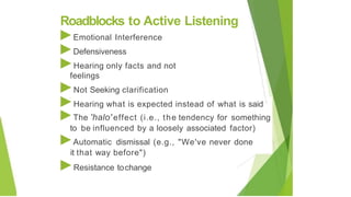Roadblocks to Active Listening
►Emotional Interference
►Defensiveness
►Hearing only facts and not
feelings
►Not Seeking clarification
►Hearing what is expected instead of what is said
I
1
.
►The 'halo' effect (i.e., the tendency for something
to be influenced by a loosely associated factor)
►Automatic dismissal (e.g., "We've never done
it that way before")
►Resistance tochange
 