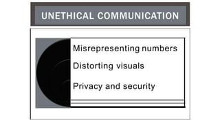 Misrepresenting numbers
Distorting visuals
Privacy and security
 