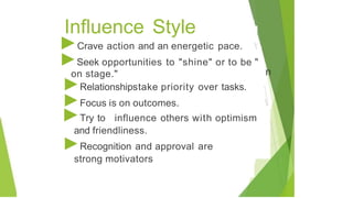 Influence Style
I
►Crave action and an energetic pace. 
►Seek opportunities to "shine" or to be "
on stage." I
►Relationshipstake priority over tasks.
►Focus is on outcomes. 
►Try to influence others with optimism
and friendliness.
►Recognition and approval are
strong motivators
 
