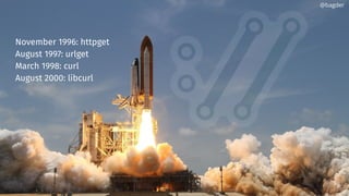 November 1996: httpget
August 1997: urlget
March 1998: curl
August 2000: libcurl
@bagder
 