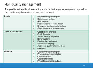 Plan quality management
Inputs 1. Project management plan
2. Stakeholder register
3. Risk register
4. Requirements documentation
5. Enterprise environmental factors
6. Organizational process assets
Tools & Techniques 1. Cost-benefit analysis
2. Cost of quality
3. Seven basic quality tools
4. Benchmarking
5. Design of experiments
6. Statistical sampling
7. Additional quality planning tools
8. meetings
Outputs 1. Quality management plan
2. Process improvement plan
3. Quality metrics
4. Quality checklists
5. Project documents updates
The goal is to identify all relevant standards that apply to your project as well as
the quality requirements that you need to meet.
109
 