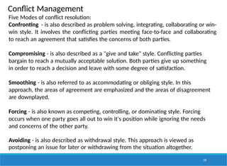 Conflict Management
129
Five Modes of conflict resolution:
Confronting - is also described as problem solving, integrating, collaborating or win-
win style. It involves the conflicting parties meeting face-to-face and collaborating
to reach an agreement that satisfies the concerns of both parties.
Compromising - is also described as a "give and take" style. Conflicting parties
bargain to reach a mutually acceptable solution. Both parties give up something
in order to reach a decision and leave with some degree of satisfaction.
Smoothing - is also referred to as accommodating or obliging style. In this
approach, the areas of agreement are emphasized and the areas of disagreement
are downplayed.
Forcing - is also known as competing, controlling, or dominating style. Forcing
occurs when one party goes all out to win it's position while ignoring the needs
and concerns of the other party.
Avoiding - is also described as withdrawal style. This approach is viewed as
postponing an issue for later or withdrawing from the situation altogether.
 