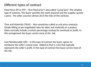 Different types of contract
169
Fixed Price (FP or FFP - "firm fixed price") also called "Lump Sum“. The simplest
type of contract. The buyer specifies the work required and the supplier quotes
a price. The seller assumes almost all of the risks of this contract.
Time and Materials (T&M) - Also sometimes called as unit price contracts.
Simple billing at pre-negotiated rates for labor and materials on a project.
Rates normally include a certain percentage markup for overhead or profit. In
this arrangement the buyer carries most of the risk.
Cost Reimbursable (CR) – in this type of contract the buyer agrees to
reimburse the seller’s actual costs. Added to that is a fee that typically
represents the seller’s profit. In this type of contract the buyer carries most of
the risk.
 