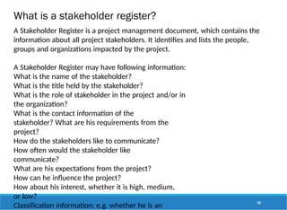 What is a stakeholder register?
180
A Stakeholder Register is a project management document, which contains the
information about all project stakeholders. It identifies and lists the people,
groups and organizations impacted by the project.
A Stakeholder Register may have following information:
What is the name of the stakeholder?
What is the title held by the stakeholder?
What is the role of stakeholder in the project and/or in
the organization?
What is the contact information of the
stakeholder? What are his requirements from the
project?
How do the stakeholders like to communicate?
How often would the stakeholder like
communicate?
What are his expectations from the project?
How can he influence the project?
How about his interest, whether it is high, medium,
or low?
Classification information; e.g. whether he is an
 