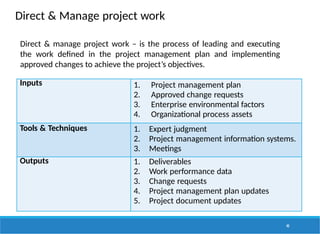Direct & Manage project work
40
Inputs 1. Project management plan
2. Approved change requests
3. Enterprise environmental factors
4. Organizational process assets
Tools & Techniques 1. Expert judgment
2. Project management information systems.
3. Meetings
Outputs 1. Deliverables
2. Work performance data
3. Change requests
4. Project management plan updates
5. Project document updates
Direct & manage project work – is the process of leading and executing
the work defined in the project management plan and implementing
approved changes to achieve the project’s objectives.
 