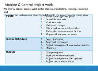 Monitor & Control project work
41
Inputs 1. Project management plan
2. Schedule forecasts
3. Cost forecasts
4. Validated changes
5. Work performance information
6. Enterprise environmental factors
7. Organizational process assets
Tools & Techniques 1. Expert judgment
2. Analytical techniques
3. Project management information system.
4. Meetings
Outputs 1. Change requests
2. Work performance reports
3. Project management plan updates
4. Project document updates
Monitor & control project work is the process of collecting, tracking, reviewing
and
reporting the performance objectives defined in the project management plan.
 
