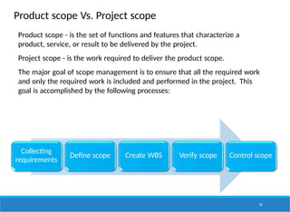 Product scope Vs. Project scope
Collecting
requirements
Define scope Create WBS Verify scope Control scope
53
Product scope - is the set of functions and features that characterize a
product, service, or result to be delivered by the project.
Project scope - is the work required to deliver the product scope.
The major goal of scope management is to ensure that all the required work
and only the required work is included and performed in the project. This
goal is accomplished by the following processes:
 
