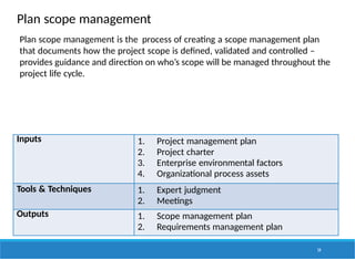 Plan scope management
54
Inputs 1. Project management plan
2. Project charter
3. Enterprise environmental factors
4. Organizational process assets
Tools & Techniques 1. Expert judgment
2. Meetings
Outputs 1. Scope management plan
2. Requirements management plan
Plan scope management is the process of creating a scope management plan
that documents how the project scope is defined, validated and controlled –
provides guidance and direction on who’s scope will be managed throughout the
project life cycle.
 