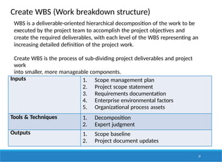 Create WBS (Work breakdown structure)
57
Inputs 1. Scope management plan
2. Project scope statement
3. Requirements documentation
4. Enterprise environmental factors
5. Organizational process assets
Tools & Techniques 1. Decomposition
2. Expert judgment
Outputs 1. Scope baseline
2. Project document updates
WBS is a deliverable-oriented hierarchical decomposition of the work to be
executed by the project team to accomplish the project objectives and
create the required deliverables, with each level of the WBS representing an
increasing detailed definition of the project work.
Create WBS is the process of sub-dividing project deliverables and project
work
into smaller, more manageable components.
 