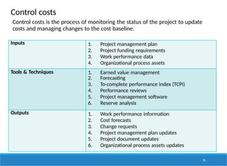 Control costs
Control costs is the process of monitoring the status of the project to update
costs and managing changes to the cost baseline.
94
Inputs 1. Project management plan
2. Project funding requirements
3. Work performance data
4. Organizational process assets
Tools & Techniques 1. Earned value management
2. Forecasting
3. To-complete performance index (TCPI)
4. Performance reviews
5. Project management software
6. Reserve analysis
Outputs 1. Work performance information
2. Cost forecasts
3. Change requests
4. Project management plan updates
5. Project document updates
6. Organizational process assets updates
 