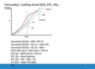 Forecasting / Looking ahead (EAC, ETC, VAC,
TCPI)
EAC (Dur)
98
EAC ($)
BAC
AC
EV
Time
Scenario1 EAC($) = BAC /CPI (c)
Scenario2 EAC($) = AC (c) + New ETC
Scenario3 EAC($) = AC (c) + BAC –
EV(c) EAC (dur) = BAC (dur) / SPI (c)
ETC ($) = (BAC-EV(c)) / CPI (c)
ETC ($) = New Estimate
ETC ($) = ETC = BAC –EV
(c) TCPI = (BAC-EV)/(BAC-
AC)
$
 