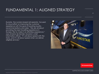 Eurostar, the London-based rail operator, focused
its cloud effort on improving the customer
experience with the goal of boosting loyalty,
recommendations and sales. “We are all about
providing the best travelling experience in
Europe. We try make it an effortless experience,”
says Antoine de Kerviler, Eurostar’s chief
information officer. “It’s all about speed with the
trains, and it’s all about speed when we deliver
[digital] services.”
FUNDAMENTAL 1: ALIGNED STRATEGY
4
MAPPING THE CLOUD MATURITY CURVE
Registered Name: The Economist Intelligence Unit, NA, Incorporated
 