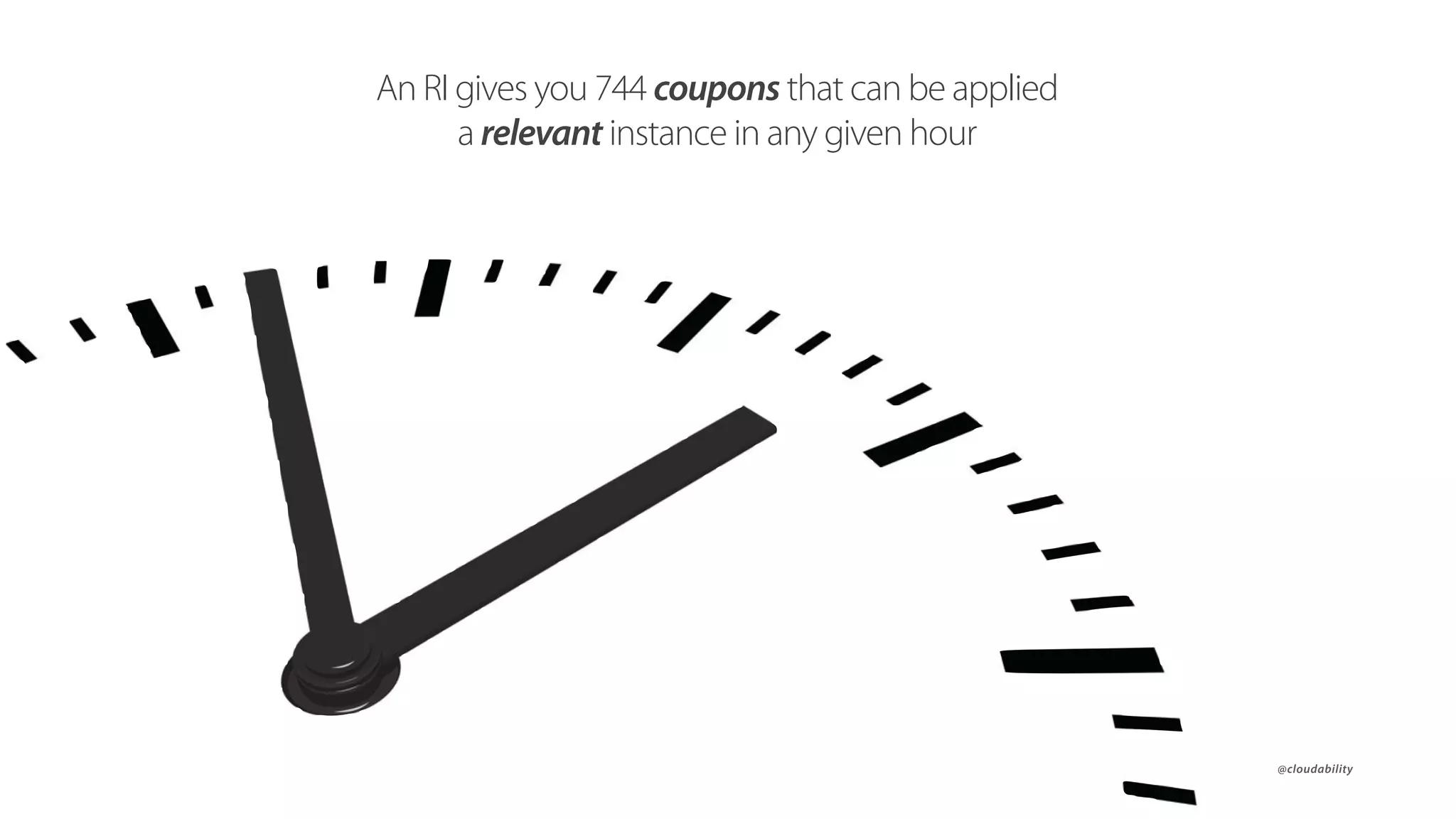@cloudability@cloudability
An RI gives you 744 coupons that can be applied
a relevant instance in any given hour
 
