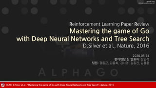 Minsuk Sung
(minsuksung@korea.ac.kr)
[RLPR] D.Silver et al., “Mastering the game of Go with Deep Neural Network and Tree Search”, Nature, 2016
Reinforcement Learning Paper Review
Mastering the game of Go
with Deep Neural Networks and Tree Search
D.Silver et al., Nature, 2016
2020.05.24
펀더멘탈 팀 발표자: 성민석
팀원: 강동균, 김동희, 김서영, 김동진, 김용환
 