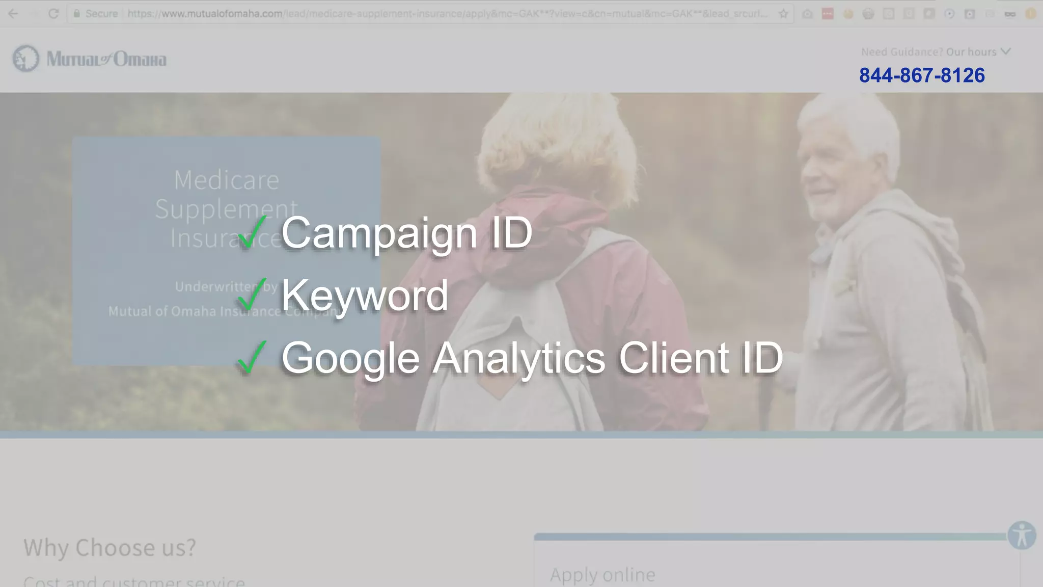 ✓ Campaign ID
✓ Keyword
✓ Google Analytics Client ID
844-867-8126
 