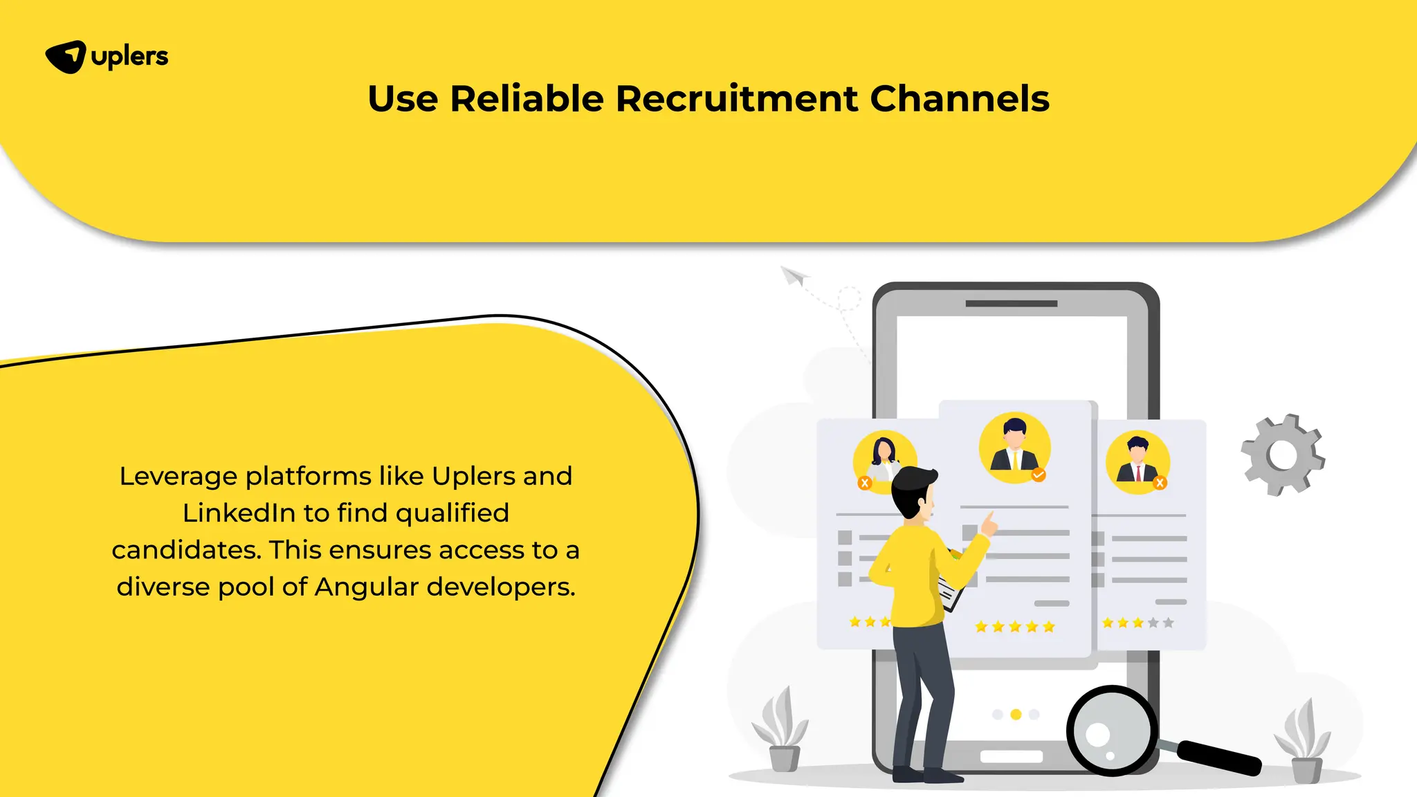 Leverage platforms like Uplers and LinkedIn to ﬁnd qualiﬁed candidates. This ensures access to a diverse pool of Angular developers. Use Reliable Recruitment Channels 
