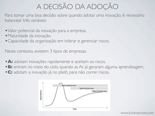 A DECISÃO DA ADOÇÃO
Para tomar uma boa decisão sobre quando adotar uma inovação, é necessário
balancear três variáveis:

•Valor potencial da inovação para a empresa.
•Maturidade da inovação.
•Capacidade da organização em tolerar e gerenciar riscos.
Neste contexto, existem 3 tipos de empresas:

•A: adotam inovações rapidamente e aceitam os riscos.
•B: entram no meio do ciclo, quando as As já geraram alguma aprendizagem.
•C: adotam a inovação já no platô, para não correr riscos.




                                                            www.lucianacouto.com
 