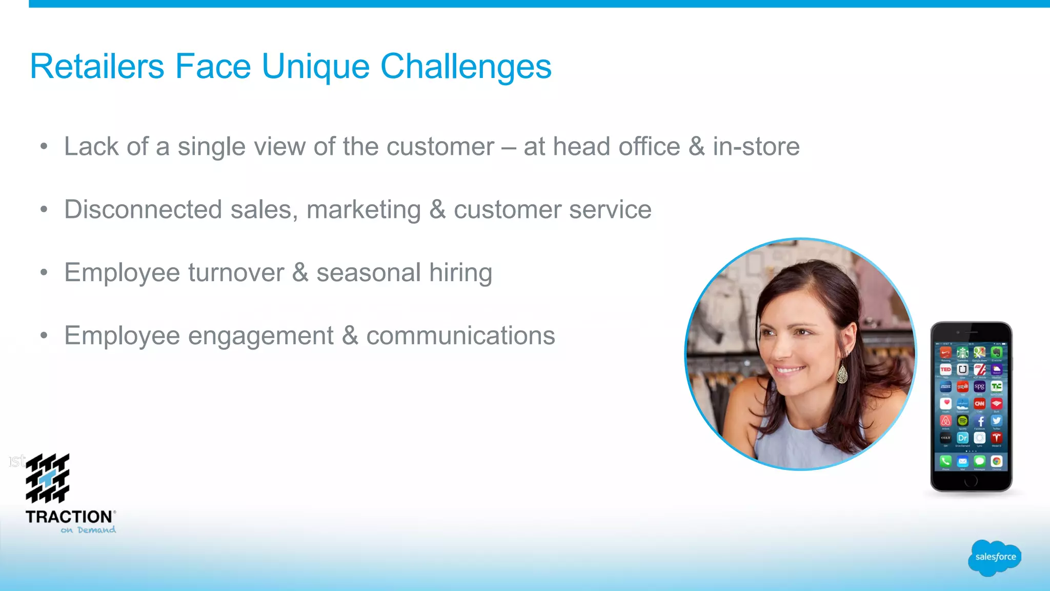 Retailers Face Unique Challenges
• Lack of a single view of the customer – at head office & in-store
• Disconnected sales, marketing & customer service
• Employee turnover & seasonal hiring
• Employee engagement & communications
 