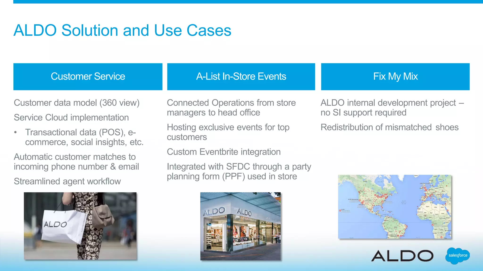 Customer data model (360 view)
Service Cloud implementation
• Transactional data (POS), e-
commerce, social insights, etc.
Automatic customer matches to
incoming phone number & email
Streamlined agent workflow
Connected Operations from store
managers to head office
Hosting exclusive events for top
customers
Custom Eventbrite integration
Integrated with SFDC through a party
planning form (PPF) used in store
ALDO internal development project –
no SI support required
Redistribution of mismatched shoes
Customer Service A-List In-Store Events
ALDO Solution and Use Cases
Fix My Mix
 