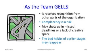 6/28/2018 www.AboveorBeyond.com 102
As the Team GELLS
• It receives recognition from
other parts of the organization
• Complacency is a risk
• May show up in missed
deadlines or a lack of creative
spark
• The bad habits of earlier stages
may reappear
 