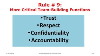 Rule # 9:
More Critical Team-Building Functions
•Trust
•Respect
•Confidentiality
•Accountability
6/28/2018 www.ABOVEorBEYONDjm.com 105
 
