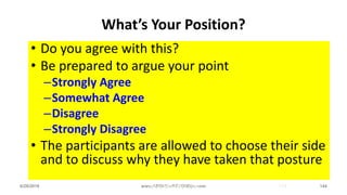 What’s Your Position?
• Do you agree with this?
• Be prepared to argue your point
–Strongly Agree
–Somewhat Agree
–Disagree
–Strongly Disagree
• The participants are allowed to choose their side
and to discuss why they have taken that posture
6/28/2018 www.ABOVEorBEYONDjm.com 144www.jobbank-ja.com 144
 
