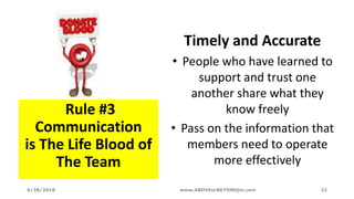 Rule #3
Communication
is The Life Blood of
The Team
Timely and Accurate
• People who have learned to
support and trust one
another share what they
know freely
• Pass on the information that
members need to operate
more effectively
6/28/2018 www.ABOVEorBEYONDjm.com 22
 