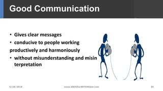 Good Communication
• Gives clear messages
• conducive to people working
productively and harmoniously
• without misunderstanding and misin
terpretation
39www.ABOVEorBEYONDjm.com6/28/2018
 