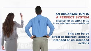 AN ORGANIZATION IS
A PERFECT SYSTEM
SHAPED TO BE WHAT IT IS
by the behaviours that are reinforced
This can be by
direct or indirect actions
intended or un-intended
actions
 