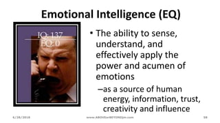 Emotional Intelligence (EQ)
• The ability to sense,
understand, and
effectively apply the
power and acumen of
emotions
–as a source of human
energy, information, trust,
creativity and influence
6/28/2018 www.ABOVEorBEYONDjm.com 58
 