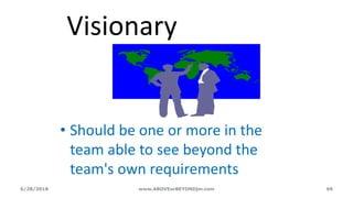6/28/2018 www.ABOVEorBEYONDjm.com 69
Visionary
• Should be one or more in the
team able to see beyond the
team's own requirements
 