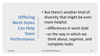 Differing
Work Styles
Can Help
Team
Performance
• But there’s another kind of
diversity that might be even
more helpful:
–differences in work style
–or the way in which we
think about, organize, and
complete tasks.
 
