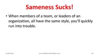 Sameness Sucks!
• When members of a team, or leaders of an
organization, all have the same style, you’ll quickly
run into trouble.
6/28/2018 www.ABOVEorBEYONDjm.com 82
 