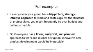 For example,
• if everyone in your group has a big-picture, strategic,
intuitive approach to work and chafes against the structure
of project plans, you might frequently be over budget and
behind schedule.
• Or, if everyone has a linear, analytical, and planned
approach to work and dislikes disruption, innovative new
product development would be impossible.
6/28/2018 www.ABOVEorBEYONDjm.com 83
 