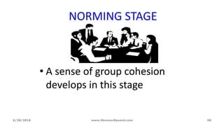 6/28/2018 www.AboveorBeyond.com 98
NORMING STAGE
• A sense of group cohesion
develops in this stage
 