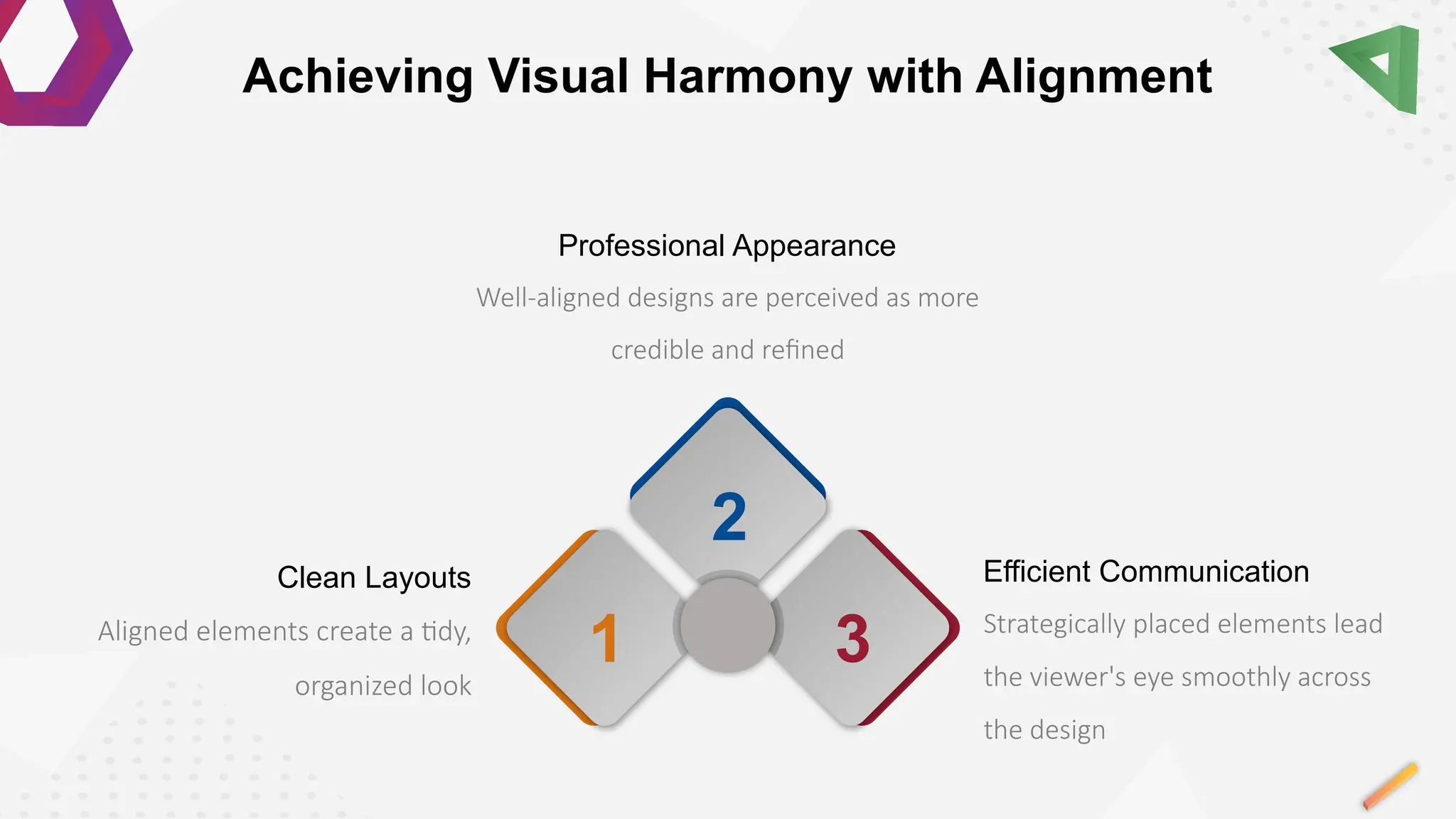 3
1
2
Strategically placed elements lead
the viewer's eye smoothly across
the design
Efficient Communication
Well-aligned designs are perceived as more
credible and refined
Professional Appearance
Aligned elements create a tidy,
organized look
Clean Layouts
Achieving Visual Harmony with Alignment
 