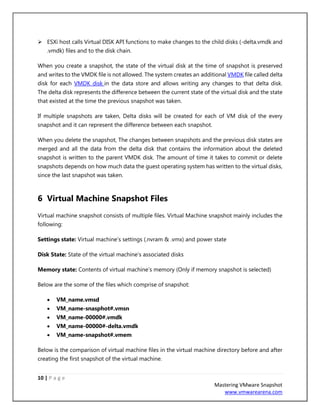 10 | P a g e
Mastering VMware Snapshot
www.vmwarearena.com
➢ ESXi host calls Virtual DISK API functions to make changes to the child disks (-delta.vmdk and
.vmdk) files and to the disk chain.
When you create a snapshot, the state of the virtual disk at the time of snapshot is preserved
and writes to the VMDK file is not allowed. The system creates an additional VMDK file called delta
disk for each VMDK disk in the data store and allows writing any changes to that delta disk.
The delta disk represents the difference between the current state of the virtual disk and the state
that existed at the time the previous snapshot was taken.
If multiple snapshots are taken, Delta disks will be created for each of VM disk of the every
snapshot and it can represent the difference between each snapshot.
When you delete the snapshot, The changes between snapshots and the previous disk states are
merged and all the data from the delta disk that contains the information about the deleted
snapshot is written to the parent VMDK disk. The amount of time it takes to commit or delete
snapshots depends on how much data the guest operating system has written to the virtual disks,
since the last snapshot was taken.
6 Virtual Machine Snapshot Files
Virtual machine snapshot consists of multiple files. Virtual Machine snapshot mainly includes the
following:
Settings state: Virtual machine’s settings (.nvram & .vmx) and power state
Disk State: State of the virtual machine’s associated disks
Memory state: Contents of virtual machine’s memory (Only if memory snapshot is selected)
Below are the some of the files which comprise of snapshot:
• VM_name.vmsd
• VM_name-snasphot#.vmsn
• VM_name-00000#.vmdk
• VM_name-00000#-delta.vmdk
• VM_name-snapshot#.vmem
Below is the comparison of virtual machine files in the virtual machine directory before and after
creating the first snapshot of the virtual machine.
 