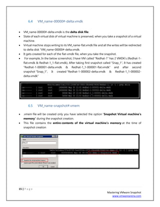 15 | P a g e
Mastering VMware Snapshot
www.vmwarearena.com
6.4 VM_name-00000#-delta.vmdk
• VM_name-00000#-delta.vmdk is the delta disk file.
• State of each virtual disk of virtual machine is preserved, when you take a snapshot of a virtual
machine.
• Virtual machine stops writing to its VM_name-flat.vmdk file and all the writes will be redirected
to delta disk “VM_name-00000#-delta.vmdk.
• It gets created for each of the flat-vmdk file, when you take the snapshot.
• For example, In the below screenshot, I have VM called “Redhat-1” has 2 VMDK’s (Redhat-1-
flat.vmdk & Redhat-1_1-flat.vmdk), After taking first snapshot called “Snap_1”, It has created
“Redhat-1-000001-delta.vmdk & Redhat-1_1-000001-flat.vmdk” and after second
snapshot “Snap_1”, It created “Redhat-1-000002-delta.vmdk & Redhat-1_1-000002-
delta.vmdk“
6.5 VM_name-snapshot#.vmem
• .vmem file will be created only you have selected the option “Snapshot Virtual machine’s
memory” during the snapshot creation.
• This file contains the entire contents of the virtual machine’s memory at the time of
snapshot creation
 