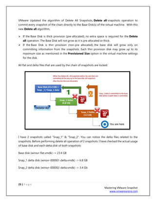 23 | P a g e
Mastering VMware Snapshot
www.vmwarearena.com
VMware Updated the algorithm of Delete All Snapshots, Delete all snapshots operation to
commit every snapshot of the chain directly to the Base Disk(s) of the virtual machine. With this
new Delete all algorithm,
➢ If the Base Disk is thick provision (pre-allocated), no extra space is required for the Delete
all operation. The Base Disk will not grow as it is pre allocated or thick.
➢ If the Base Disk is thin provision (non-pre allocated), the base disk will grow only on
committing information from the snapshots. Each thin provision disk may grow up to its
maximum size as mentioned in the Provisioned Size option in the virtual machine settings
for the disk.
All flat and delta files that are used by the chain of snapshots are locked.
I have 2 snapshots called “Snap_1” & “Snap_2”. You can notice the delta files related to the
snapshots. Before performing delete all operation of 2 snapshots. I have checked the actual usage
of base disk and each delta disk of both snapshots
Base disk (winsvr-flat.vmdk) -> 23.4 GB
Snap_1 delta disk (winsvr-000001-delta.vmdk) -> 6.8 GB
Snap_2 delta disk (winsvr-000002-delta.vmdk) -> 3.4 Gb
 