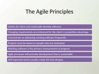 The Agile Principles
Satisfy the client and continually develop software.
Changing requirements are embraced for the client’s competitive advantage.
Concentrate on delivering working software frequently.
Projects must be based on people who are motivated.
Working software is the primary measurement of progress.
Agile processes will promote development that is sustainable.
Self-organized teams usually create the best designs.
 