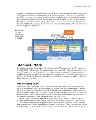 VLANs and PVLANS |  99
complex). Subsequent packets from the same flow would find a match in the flow-caching table
and apply those actions. Say that the final ACL discards the traffic after going through all of
the rules. By caching the result for all future packets, no processing needs to be performed for
packets that are ultimately deleted anyway. This is shown in Figure 3.6, and it is what enables
the VFP to support the fast network speeds that are used in today’s datacenters—40Gbps and
beyond. Additionally, the use of the VFP does not block any offloads to the NIC, which is critical
to ensure optimal performance.
Figure 3.6
The flow-
caching hash
lookup used
in the VFP
VNet Routing
Policy NAT
Endpoints ACLs
Controller
VMSwitch
VFP Extension
Flow
To:
10.1.3.4
To: 10.2/16
To: !10/8
Encap to 172.16.173.91
Encap to Gateway
NAT out of VNET
Action
Flow
Connection
Flow
To: 100.4.3.2
To: 10.1.3/24 Allow
Allow
Block
To: 10.4/16
Encap to 172.16.173.91
Block
To: !10/8
To: !10/8
To: 10.1.3.15,10.2.4.5,80,8957
To: 10.4/16
DNAT to 10.1.15.10
SNAT to 100.4.3.2
Action
Action
Action
VNET
LB NAT
ACLS
VM NIC
HOST
NIC
VLANs and PVLANS
In most datacenters, widespread use of virtual LANs (VLANs) is common. VLANs allow you
to isolate traffic without using physical separation—for example, by using various switches and
network adapters for the different types of isolated networks. Although physical separation
works, maintaining the additional physical infrastructure is costly in terms of hardware, power,
and even cooling in the datacenter. Managing large numbers of isolated physical network topol-
ogies also can be complex.
Understanding VLANs
A VLAN is a layer 2 technology that primarily adds the capability to create partitions in the
­
network for broadcast traffic. Normally, networks are separated by using devices such as rout-
ers, which control the transmission of traffic between segments (a local area network, or LAN)
of the network. However, a VLAN allows a single physical network segment to be virtually par-
titioned so that VLANs cannot communicate with each other, and broadcast traffic such as ARP
(to resolve IP addresses to MAC addresses) would not cross VLANs.
Here’s a great example that explains the broadcast boundary nature of a VLAN: Say you
have ten machines plugged into a single switch, and one of those machines is a DHCP server.
All nine of the other machines plugged into that switch are able to get an IP address from the
DHCP server. If VLANs are configured, and the DHCP server and a few of the machines are put
in a specific VLAN, then only the machines in the same VLAN as the DHCP server can get an
 