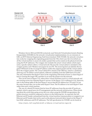 Network Virtualization |  131
Figure 3.30
High-level over-
view of network
virtualization
Site A Site B
Physical Fabric
Red Network Blue Network
Windows Server 2012 and 2012 R2 exclusively used Network Virtualization Generic Routing
Encapsulation (NVGRE) for the network virtualization implementation; it is an extension of
GRE, an IETF (Internet Engineering Task Force) standard. With NVGRE, the network virtualiza-
tion works by wrapping the originating packet from the VM, which uses the CAs (which are
all the virtual machine is aware of), inside a packet that can be routed on the physical network
using the PA IP addresses. The wrapper also includes the actual virtual subnet, which repre-
sents a specific subnet within a virtual network. Because the virtual subnet is included in the
wrapper packet, each VM does not require its own PA. The receiving host can identify the tar-
geted VM based on the CA target IP address within the original packet and the virtual subnet
ID in the wrapper packet. The virtual subnet ID is stored in the GRE key, which is a 24-bit key
allowing over 16 million virtual subnets, different scalability from the 4,000 limit of VLANs.
The only information the Hyper-V host on the originating VM needs to know is which Hyper-V
host is running the target VM, and then it can send the packet over the network.
This can be seen in Figure 3.31, where three virtual machines exist in a virtual network and
are running across two separate Hyper-V servers. In the figure, CA1 is talking to CA2. However,
note in the lookup table on the first Hyper-V server that the PA address for CA2 and CA3 are
the same, because they run on the same Hyper-V host. The PA address is for each Hyper-V host
rather than each virtual machine.
The use of a shared PA means that far fewer IP addresses from the provider IP pools are
needed, which is good news for IP management and the network infrastructure. When think-
ing about the actual data going across the wire when using the NVGRE encapsulation, the
packet structure would be composed as shown in the following list. As expected, the full
Ethernet and IP header and payload from the virtual machine communication is wrapped in an
Ethernet and IP header that can be used on the physical network fabric based on the Hyper-V
host MAC addresses and PA IP addresses. The full specification for NVGRE can be found at:
http://tools.ietf.org/html/draft-sridharan-virtualization-nvgre-01
 