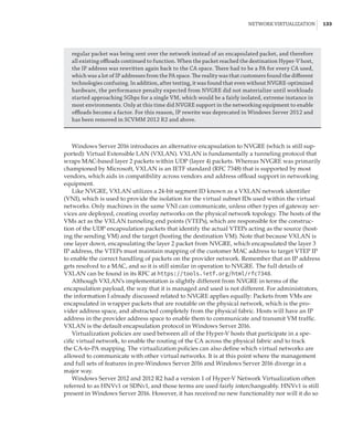 Network Virtualization |  133
Windows Server 2016 introduces an alternative encapsulation to NVGRE (which is still sup-
ported): Virtual Extensible LAN (VXLAN). VXLAN is fundamentally a tunneling protocol that
wraps MAC-based layer 2 packets within UDP (layer 4) packets. Whereas NVGRE was primarily
championed by Microsoft, VXLAN is an IETF standard (RFC 7348) that is supported by most
vendors, which aids in compatibility across vendors and address offload support in networking
equipment.
Like NVGRE, VXLAN utilizes a 24-bit segment ID known as a VXLAN network identifier
(VNI), which is used to provide the isolation for the virtual subnet IDs used within the virtual
networks. Only machines in the same VNI can communicate, unless other types of gateway ser-
vices are deployed, creating overlay networks on the physical network topology. The hosts of the
VMs act as the VXLAN tunneling end points (VTEPs), which are responsible for the construc-
tion of the UDP encapsulation packets that identify the actual VTEPs acting as the source (host-
ing the sending VM) and the target (hosting the destination VM). Note that because VXLAN is
one layer down, encapsulating the layer 2 packet from NVGRE, which encapsulated the layer 3
IP address, the VTEPs must maintain mapping of the customer MAC address to target VTEP IP
to enable the correct handling of packets on the provider network. Remember that an IP address
gets resolved to a MAC, and so it is still similar in operation to NVGRE. The full details of
VXLAN can be found in its RFC at https://tools.ietf.org/html/rfc7348.
Although VXLAN’s implementation is slightly different from NVGRE in terms of the
­
encapsulation payload, the way that it is managed and used is not different. For administrators,
the information I already discussed related to NVGRE applies equally: Packets from VMs are
encapsulated in wrapper packets that are routable on the physical network, which is the pro-
vider address space, and abstracted completely from the physical fabric. Hosts will have an IP
address in the provider address space to enable them to communicate and transmit VM traffic.
VXLAN is the default encapsulation protocol in Windows Server 2016.
Virtualization policies are used between all of the Hyper-V hosts that participate in a spe-
cific virtual network, to enable the routing of the CA across the physical fabric and to track
the CA-to-PA mapping. The virtualization policies can also define which virtual networks are
allowed to communicate with other virtual networks. It is at this point where the management
and full sets of features in pre-Windows Server 2016 and Windows Server 2016 diverge in a
major way.
Windows Server 2012 and 2012 R2 had a version 1 of Hyper-V Network Virtualization often
referred to as HNVv1 or SDNv1, and those terms are used fairly interchangeably. HNVv1 is still
present in Windows Server 2016. However, it has received no new functionality nor will it do so
regular packet was being sent over the network instead of an encapsulated packet, and therefore
all existing offloads continued to function. When the packet reached the destination Hyper-V host,
the IP address was rewritten again back to the CA space. There had to be a PA for every CA used,
which was a lot of IP addresses from the PA space. The reality was that customers found the different
technologies confusing. In addition, after testing, it was found that even without NVGRE-optimized
hardware, the performance penalty expected from NVGRE did not materialize until workloads
started approaching 5Gbps for a single VM, which would be a fairly isolated, extreme instance in
most environments. Only at this time did NVGRE support in the networking equipment to enable
offloads become a factor. For this reason, IP rewrite was deprecated in Windows Server 2012 and
has been removed in SCVMM 2012 R2 and above.
 