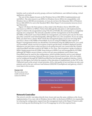 Network Virtualization |  135
familiar, such as network security groups, software load balancer, user-defined routing, virtual
appliances, and more.
The rest of this chapter focuses on the Windows Server 2016 SDNv2 implementation and
not SDNv1. The only reason to use SDNv1 in Windows Server 2016 is for compatibility with
Windows Server 2012 R2 environments, or if you do not have the Datacenter SKU of Windows
Server 2016 (HNVv2 is not in the Standard SKU). Most Hyper-V environments, however, lever-
age Datacenter.
Figure 3.33 shows the three planes as they relate to the Windows Server 2016 SDN solu-
tion known as HNVv2 or SDNv2. Notice that although the data plane is still implemented by
Hyper-V, which is the encapsulation using VXLAN or NVGRE, the control plane is a completely
separate new component. The network controller and the management can be PowerShell,
SCVMM, or Microsoft Azure Stack (MAS). For management, you need to pick one; for the most
part, they cannot be used interchangeably, although there are a few exceptions. If you are using
MAS, you don’t have a choice: MAS will be the management plane. If you are not using MAS,
you have a choice of SCVMM or PowerShell. If you are using SCVMM for other aspects of
Hyper-V management (which you should be), I recommend using SCVMM; however, you could
use PowerShell, which even has an express script to get the basics of SDNv2 deployed quickly.
Whichever you pick, that is what you have to use going forward; you cannot start the creation
with PowerShell and then switch to SCVMM, or vice versa. The exceptions I spoke of relate to
SDNv2 deployments from SCVMM. Some features of SDNv2 are not manageable by SCVMM
(although SCVMM is aware of them, so this will not cause problems), and in those cases
PowerShell must be used for the configuration, which includes features such as user-defined
routing and port mirroring. Network Security Groups (Access Control Lists, ACLs for traffic)
can be configured through SCVMM PowerShell but not through its graphical interface. I don’t
show it in the figure, but while the majority of the data plane is implemented via the VFP in the
VMSwitch (such as the actual virtual networks, ACLs, and quality of service) there are also com-
ponents such as the new software load balancer (SLB) MUX (multiplexor) and gateway, which I
cover later in this section.
Figure 3.33
The three planes that
enable network virtual-
ization for HNVv2
Management Plane (PowerShell, SCVMM, or
Microsoft Azure Stack)
Control Plane (Windows Server 2016 Network Controller)
Data Plane (Hyper-V)
Network Controller
The network controller was taken directly from Azure and uses the same codebase as the Azure
implementation. It is a new role in Windows Server 2016. As the brain of SDNv2, it is responsible
for relaying the configuration request from the management tools to the Hyper-V hosts in addi-
tion to tracking and distributing the CA-to-PA mappings for all of the required hosts.
 