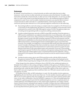 140  |Chapter 3  Virtual Networking 
Gateways
By default, virtual machines in a virtual network can talk to each other but not to other
resources—not to services in other networks nor resources out on the Internet. To enable com-
munication outside the virtual network, to other services in the datacenter—to services in other
sites via a site-to-site tunnel or just Internet-based services—the multitenant gateway SDNv2
component is used. If you want to enable a hybrid environment, you must be able to connect
virtual networks to other networks in a controlled fashion, removing the isolation. The
multitenant gateway (also referred to as a RAS gateway) supports connectivity to the following:
◆
◆ Forwarding traffic to a network acting as a simple router, for example to a VLAN, known as
L3 forwarding. In this deployment, the gateway connects to multiple virtual networks and to
trunk ports on a switch via its vNIC that maps to various VLANs. The gateway takes care
of routing and encapsulating traffic as required, enabling communication.
◆
◆ Another isolated datacenter network or MPLS using GRE tunneling. From the gateway, a
GRE tunnel is established to an endpoint somewhere else in your datacenter, and a specific
tenant’s traffic is sent across. This is similar to L3 forwarding, whereby traffic is forwarded
through a tunnel; except with GRE tunneling, separate VLANs are not required, and the
GRE tunnel is established over the shared network infrastructure. Each tenant uses its own
GRE tunnel instance, maintaining the tenant’s isolated address space across that infra-
structure. For example, you might have a red network GRE tunnel and a blue network GRE
tunnel. Consider a hosting provider that currently has a tenant with dedicated hardware
in a certain address space; that same tenant now wants to have resources as part of a mul-
titenant cloud that is in the same address space and connected. If you use L3 forwarding,
you’ll require separate VLANs for the customers and separate routing infrastructure. With
a GRE tunnel, the isolated address space is maintained between the endpoints, with no
dedicated VLAN required. This same type of tunnel can also be used to connect to MPLS
circuits.
◆
◆ Another location using a site-to-site VPN tunnel that works with the SLB to frontend
the gateway instances VIP. By integrating with SLB, easy scaling on the backend can be
enabled without requiring any changes to the other end of the site-to-site VPN connection.
A big change from the solution in Windows Server 2012 R2 to the multitenant gateway in
Windows Server 2016 is in the scaling and high availability of the gateway. In Windows Server
2012 R2, you could have an active gateway and then one passive gateway. Only one instance was
performing work, while the other sat idle. If you reached the capacity of the active node, you
had to add a new pair of gateways that would have their own VIP, and a tenant could use only
one gateway at a time.
In Windows Server 2016, an M:N redundancy is used. M is the number of active gateways,
highlighting the fact that there can be more than one. N is the number of passive gateways avail-
able in case an active gateway fails. For example, you can have four active and two passive gate-
ways, or any other combination. Like the SLB MUX, a gateway is a VM, and multiple gateways
are added to a gateway pool to provide the multitenant gateway services. A gateway pool can
contain gateways of all different types or only certain types of gateways. It is really a mecha-
nism to control resource utilization and capacity if needed. A hoster may have different pools
with different levels of bandwidth, so it can charge tenants for different levels of connectivity
by moving them between gateway pools. The Network Controller is responsible for checking
 