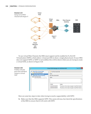 210  |Chapter 4  Storage Configurations
To use virtual Fibre Channel, the HBA must support and be enabled for N_Port ID
Virtualization (NPIV), which allows virtual port IDs to share a single physical port. If your HBA
does not support NPIV, or NPIV is not enabled, this will be shown when you are trying to create
a virtual SAN, as shown in Figure 4.20.
Figure 4.19
Using virtual Fibre
Channel with Hyper-V
Virtual
FCAs
Virtual
SANs HBAs Fibre Channel
Switches
SAN
Hyper-V
Host
Virtual
Machines
with
MPIO
Figure 4.20
Problem with the
ports that will block
using in a virtual
SAN
Here are some key steps to take when trying to resolve supportability with NPIV:
	1.	 Make sure that the HBA supports NPIV. This seems obvious, but check the specifications
of the HBA to ensure that it will work with NPIV.
 